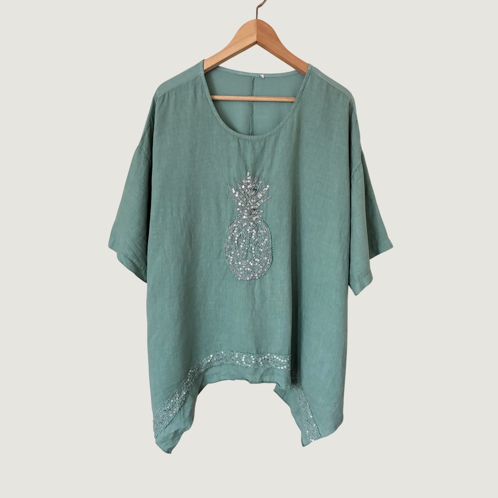Green Linen BlendSequin Pineapple Sharkbite Hem Oversized Tunic‎ Top Linen blend